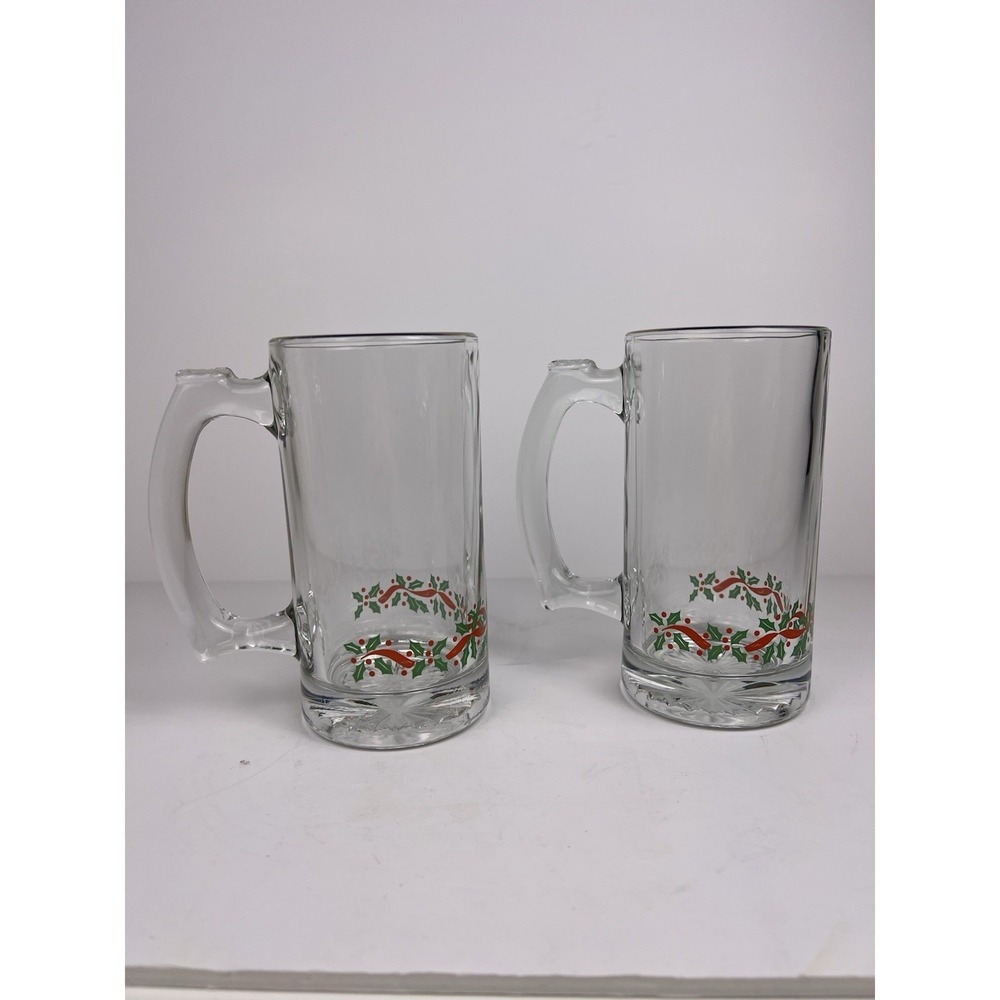 Vintage 80s Arby's Libbey Holly Berry Christmas Beer Mugs Gold Rim‎ Set of 2